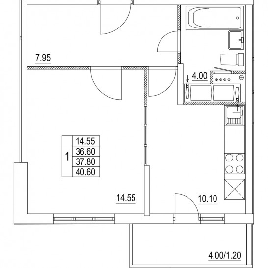 Однокомнатная квартира 37.8 м²