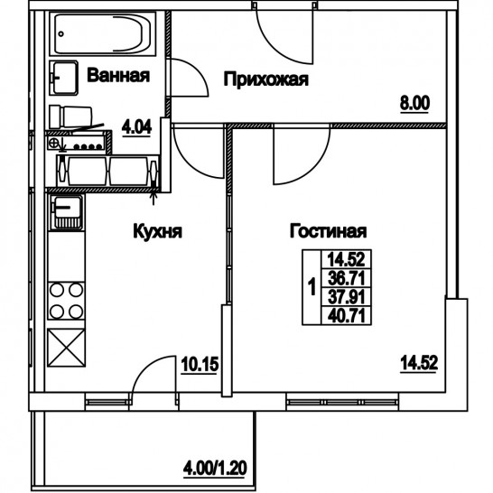 Однокомнатная квартира 37.91 м²