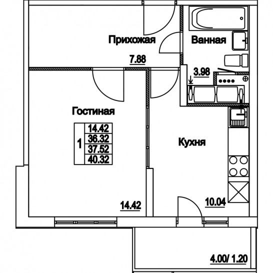 Однокомнатная квартира 37.52 м²