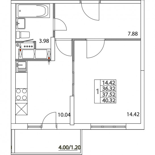 Однокомнатная квартира 37.52 м²