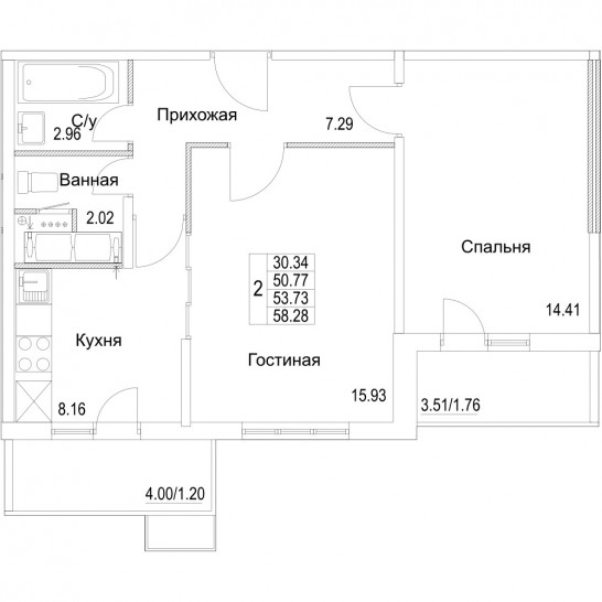 Двухкомнатная квартира 53.73 м²