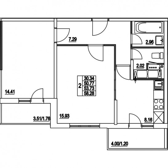 Двухкомнатная квартира 53.73 м²