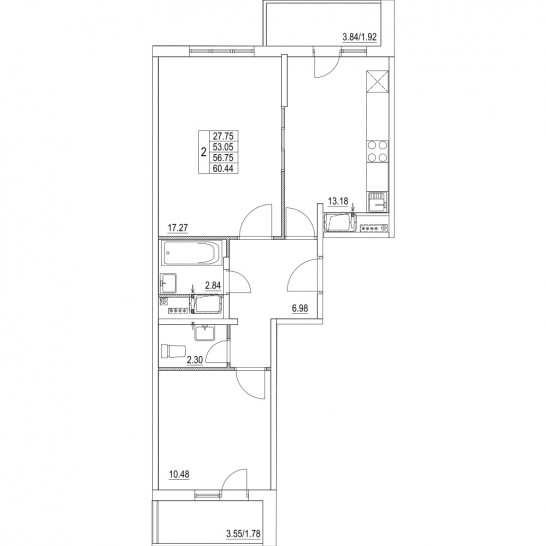 Двухкомнатная квартира 56.75 м²