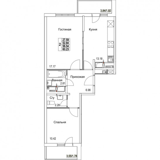 Двухкомнатная квартира 56.54 м²