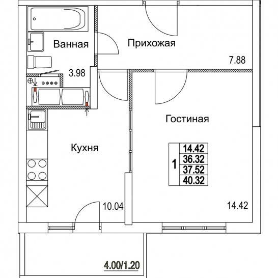 Однокомнатная квартира 37.52 м²