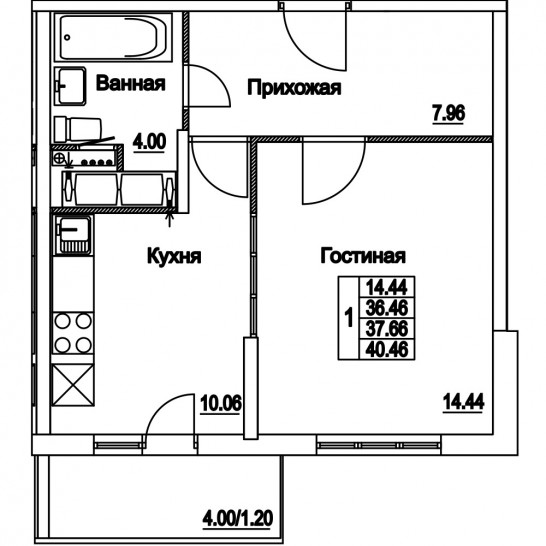 Однокомнатная квартира 37.66 м²