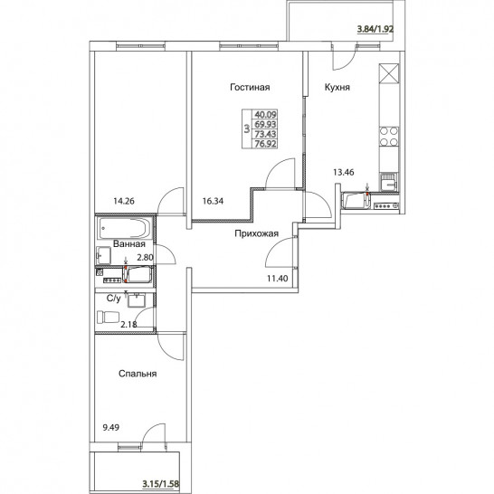 Трёхкомнатная квартира 73.43 м²