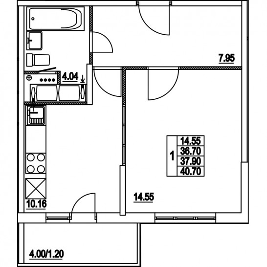 Однокомнатная квартира 37.9 м²