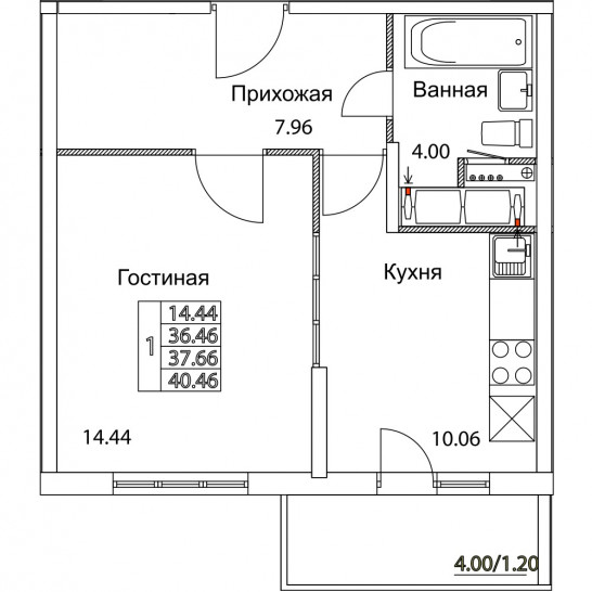 Однокомнатная квартира 37.66 м²