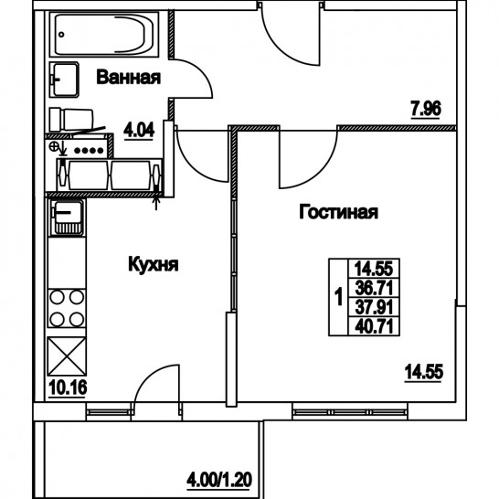 Однокомнатная квартира 37.91 м²