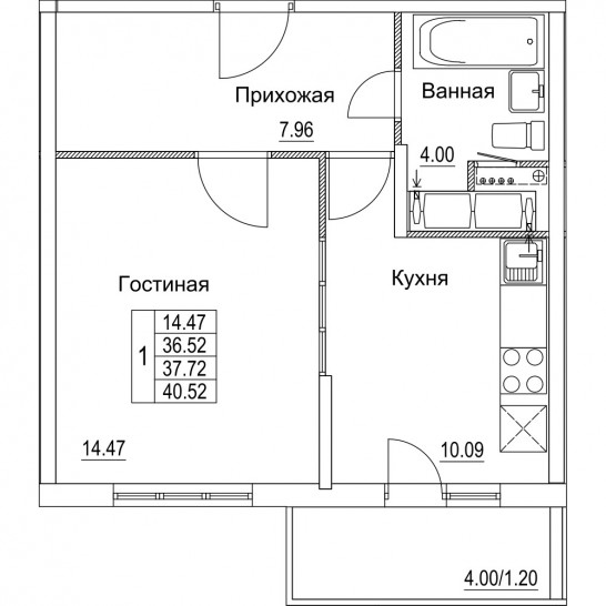Однокомнатная квартира 37.72 м²