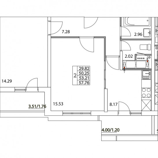 Двухкомнатная квартира 53.21 м²