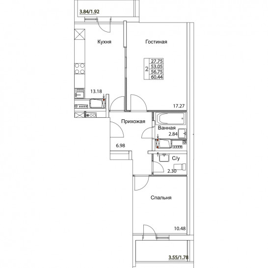 Двухкомнатная квартира 56.75 м²