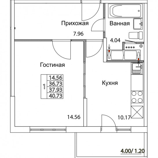 Однокомнатная квартира 37.93 м²