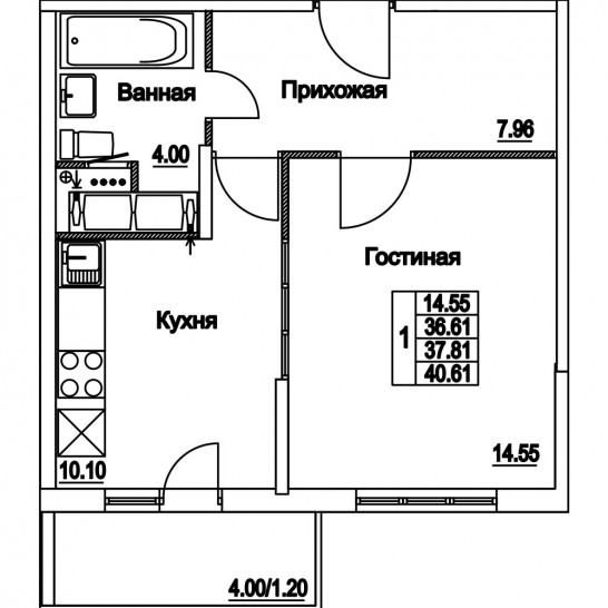Однокомнатная квартира 37.81 м²