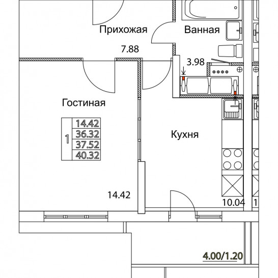 Однокомнатная квартира 37.52 м²
