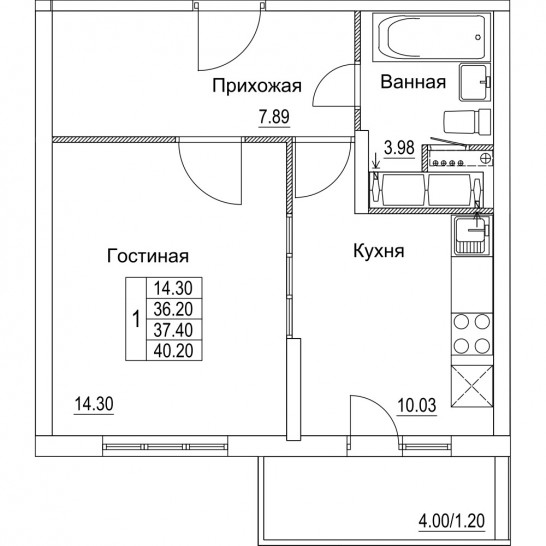 Однокомнатная квартира 37.4 м²