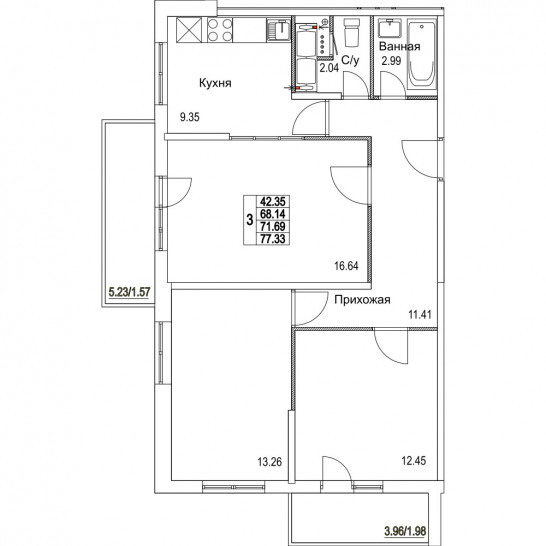 Трёхкомнатная квартира 71.69 м²
