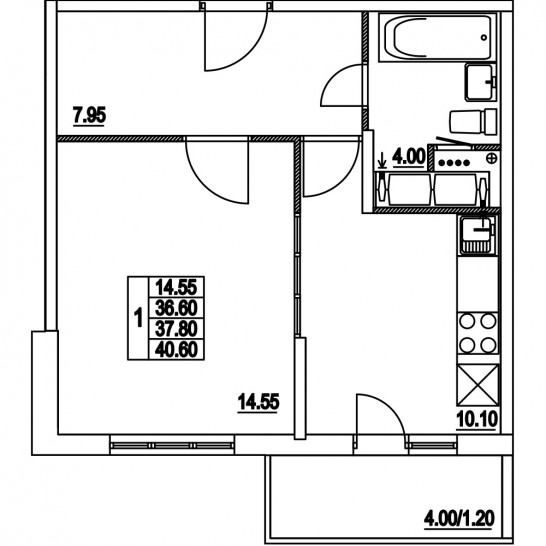 Однокомнатная квартира 37.8 м²