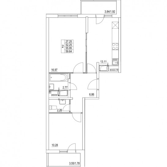 Двухкомнатная квартира 55.95 м²
