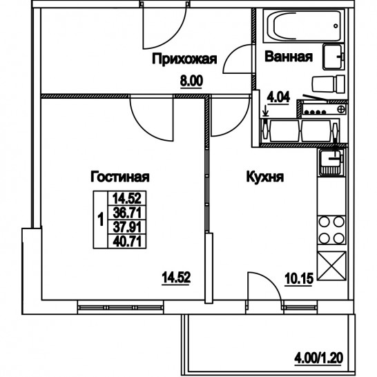 Однокомнатная квартира 37.91 м²