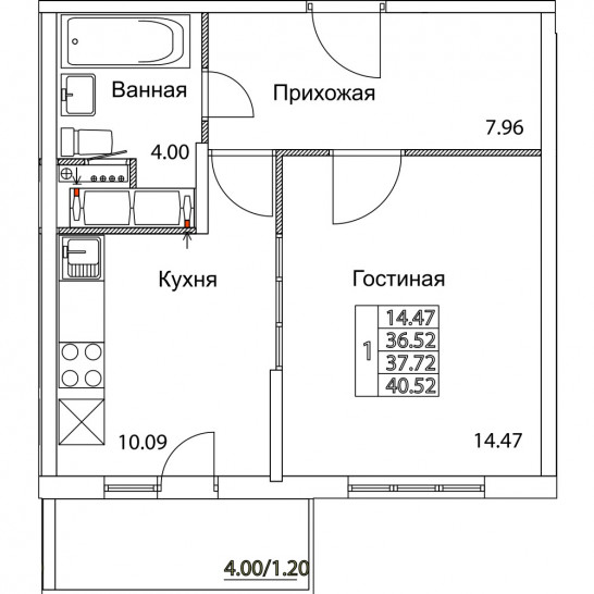 Однокомнатная квартира 37.72 м²