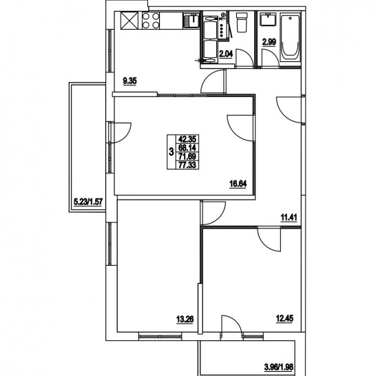 Трёхкомнатная квартира 71.69 м²