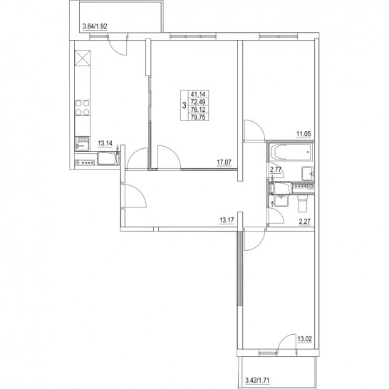 Трёхкомнатная квартира 76.12 м²