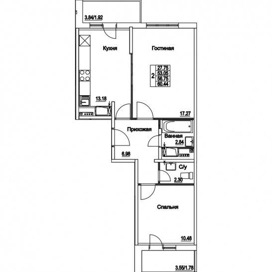 Двухкомнатная квартира 56.75 м²