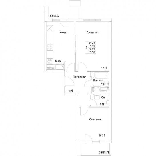 Двухкомнатная квартира 56.29 м²