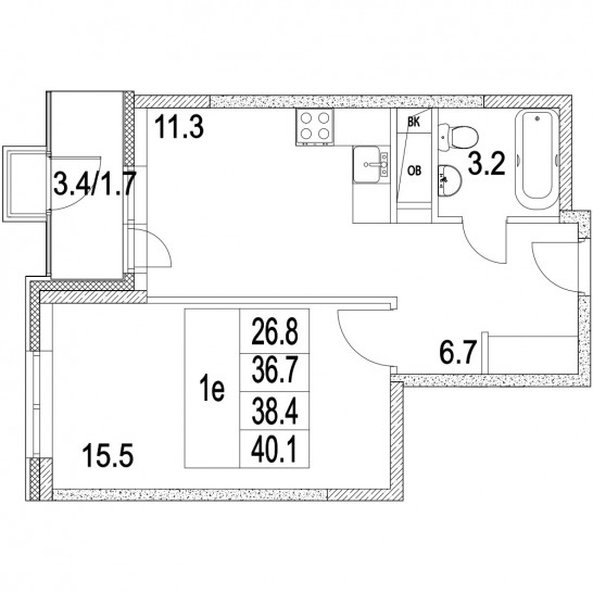 Двухкомнатная квартира 68.8 м²