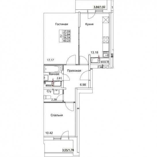 Двухкомнатная квартира 56.54 м²