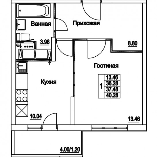 Однокомнатная квартира 37.48 м²