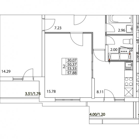 Двухкомнатная квартира 53.33 м²