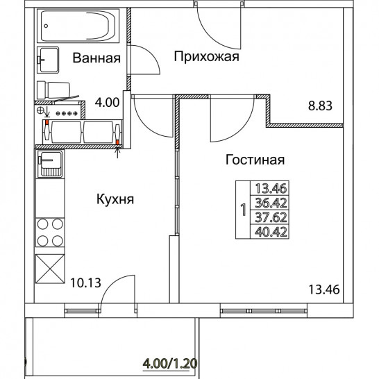 Однокомнатная квартира 37.62 м²