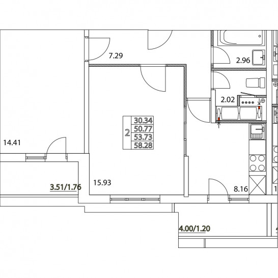 Двухкомнатная квартира 53.73 м²