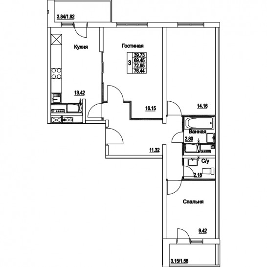 Трёхкомнатная квартира 72.95 м²