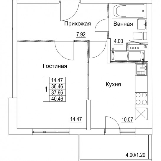 Однокомнатная квартира 37.66 м²