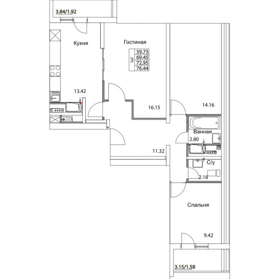 Трёхкомнатная квартира 72.95 м²