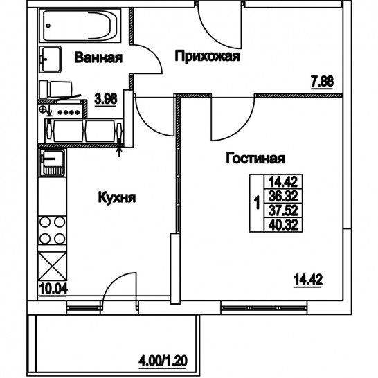 Однокомнатная квартира 37.52 м²