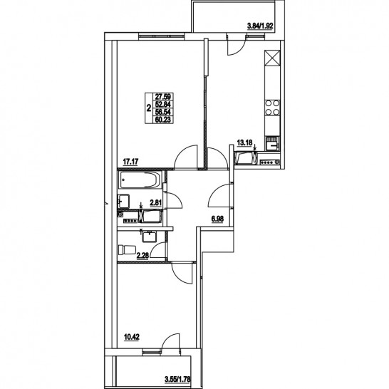 Двухкомнатная квартира 56.54 м²
