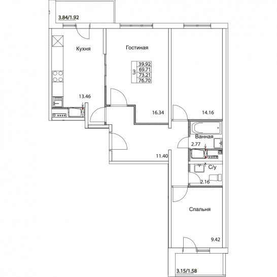 Трёхкомнатная квартира 73.21 м²