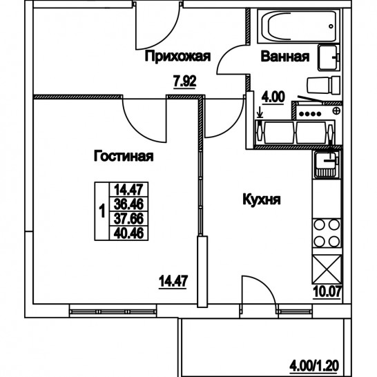 Однокомнатная квартира 37.66 м²