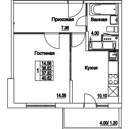 Однокомнатная квартира 37.82 м²