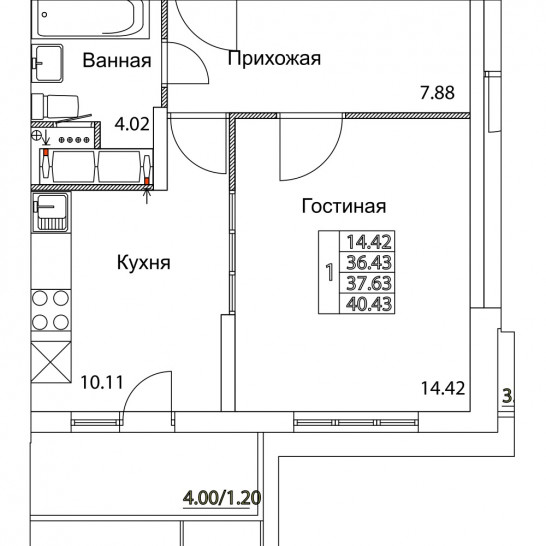 Однокомнатная квартира 37.63 м²