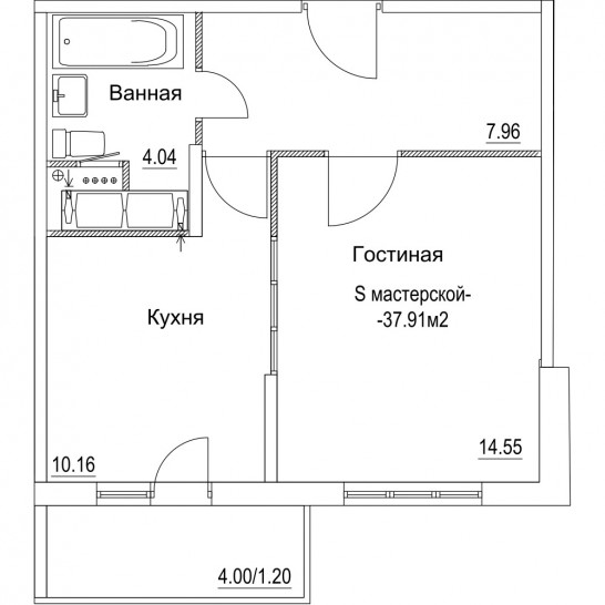 Однокомнатная квартира 37.91 м²