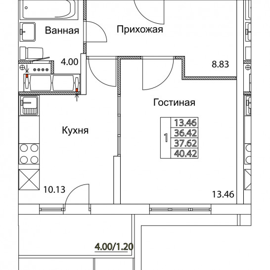 Однокомнатная квартира 37.62 м²