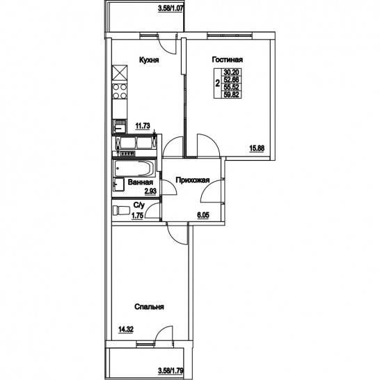 Двухкомнатная квартира 55.52 м²