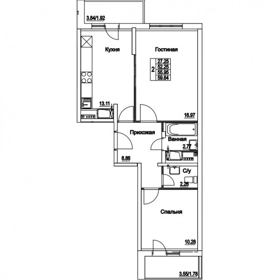 Двухкомнатная квартира 55.95 м²