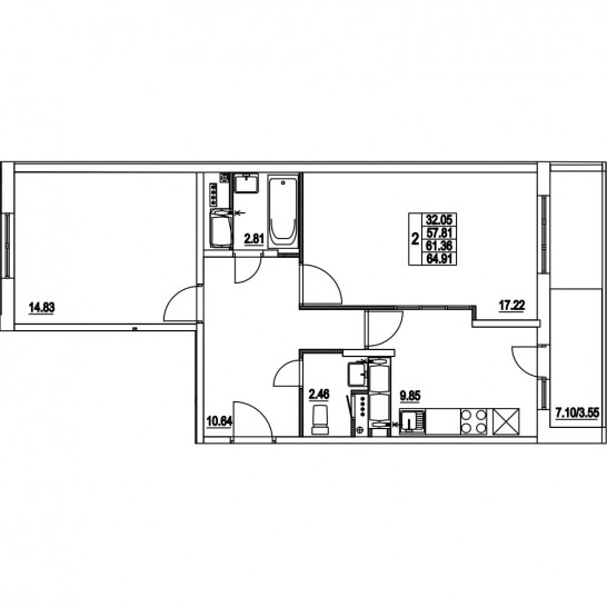 Двухкомнатная квартира 61.36 м²